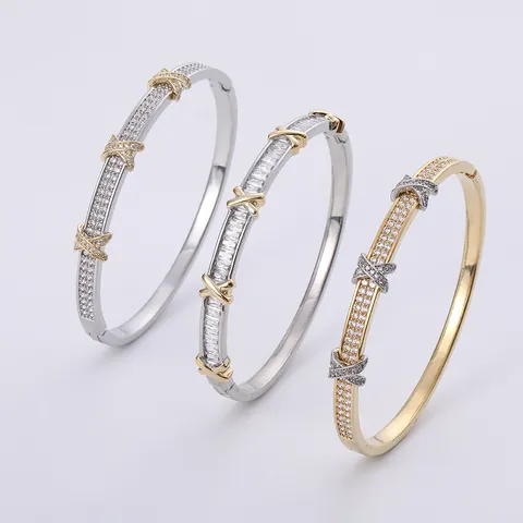 Bracciale Rigido In Rame Placcato Oro 18K Forma A X Croce Micro Pavè Zirconia Gioielli Di Lusso Eleganti Da Donna