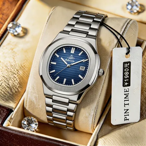 Men's Business Quartz Watch Ultra-Thin Stainless Steel Waterproof Luminous Date Octagonal Bezel Wristwatch