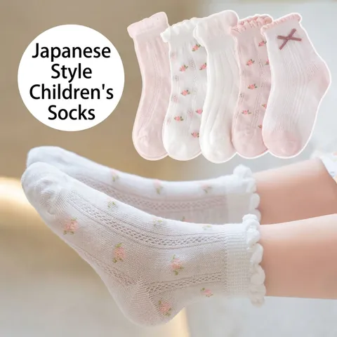 Chaussettes en Maille Mi-Bas pour Filles Mélange de Coton Respirant avec Dentelle Nœud Floral Chaussettes Fines d'Été pour Enfants 0-14 Ans Style Princesse Japonaise