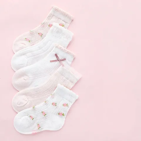 Chaussettes en Maille Mi-Bas pour Filles Mélange de Coton Respirant avec Dentelle Nœud Floral Chaussettes Fines d'Été pour Enfants 0-14 Ans Style Princesse Japonaise