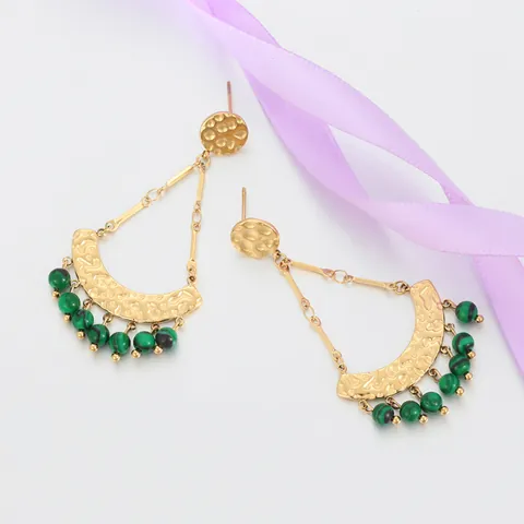 Pendientes Colgantes Étnicos Vintage Forma Abanico Bohemio Sol Estrella Luna Acero Inoxidable Chapado En Oro Malaquita Joyería