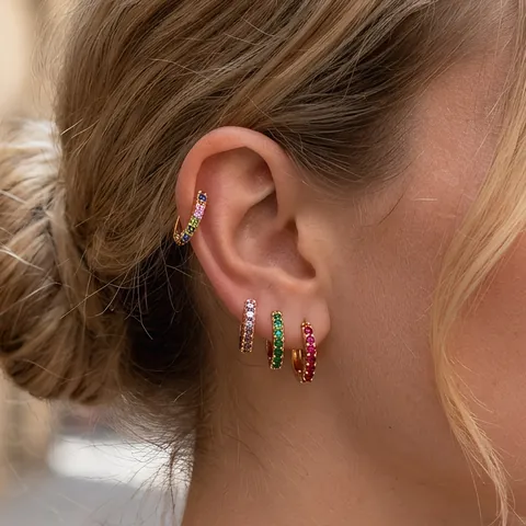 Colorful Zircon Huggie Hoop Earrings In 18K Gold Plated Copper With 925 Sterling Silver Earring Post For Women Fashion