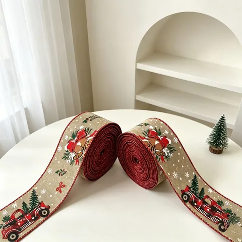 Weihnachtsband Aus Sackleinen Drahtkante Roter LKW Baum Glockenmuster Für Geschenkverpackungen DIY Schleifen Deko