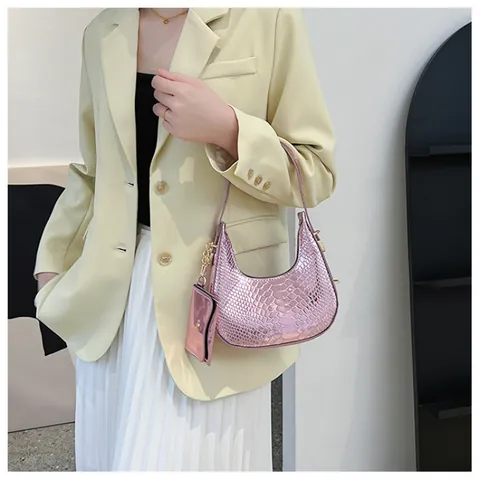 Sac Hobo Pour Femmes En Cuir PU Motif Crocodile Avec Petit Porte-monnaie Matériel Doré Sac À Épaule Rétro Élégant