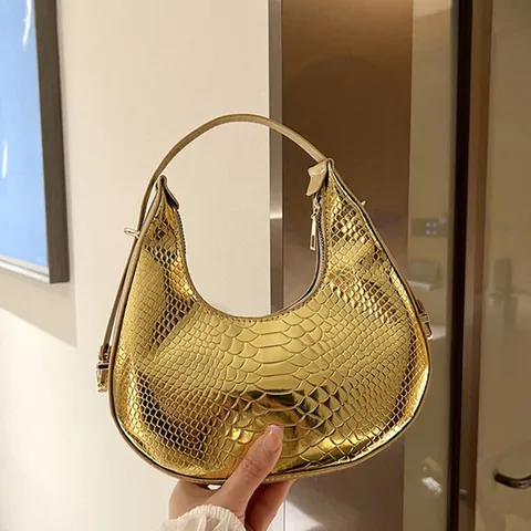 Sac Hobo Pour Femmes En Cuir PU Motif Crocodile Avec Petit Porte-monnaie Matériel Doré Sac À Épaule Rétro Élégant