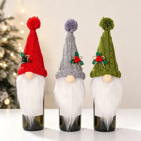 Copribottiglie Di Vino Natalizi Maglia Pelliccia Sintetica Gnomo Senza Volto Decorazione Tomte Nordica Per Cena Di Festa