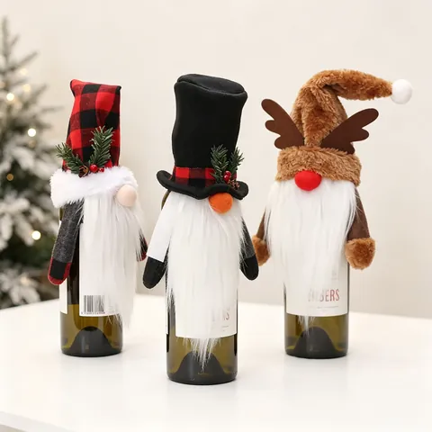 Copri Bottiglia Di Vino Gnomo Di Natale Corna Di Renna Cappello A Quadri Rossi Bambola Senza Volto Flanella Pelliccia Sintetica Decorativa