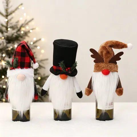 Copri Bottiglia Di Vino Gnomo Di Natale Corna Di Renna Cappello A Quadri Rossi Bambola Senza Volto Flanella Pelliccia Sintetica Decorativa