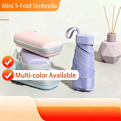 Mini Draagbare Parasol Pongee Stof Met Zwarte Lijmcoating UPF 50 Plus Bescherming 5-Voudig Zakformaat Met Opbergkoffer Voor Dames Reizen