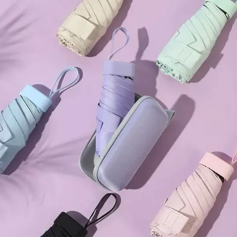Mini Draagbare Parasol Pongee Stof Met Zwarte Lijmcoating UPF 50 Plus Bescherming 5-Voudig Zakformaat Met Opbergkoffer Voor Dames Reizen