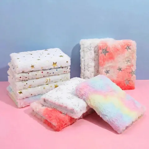 Cute Plush Notebook Bronzing Star Moon Snowflakes Design Soft Furry Diary Journal For Students Stationery Gift Office