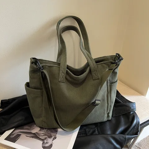 Borsa Tote Velluto A Coste Donna Grande Capacità Tracolla Casual Pendolare Semplice Per Studenti Tasche Multiple
