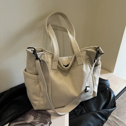 Borsa Tote Velluto A Coste Donna Grande Capacità Tracolla Casual Pendolare Semplice Per Studenti Tasche Multiple
