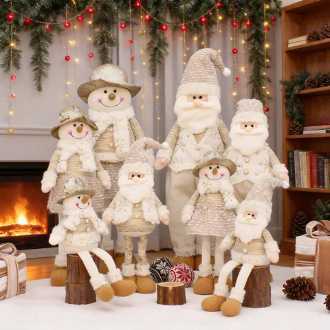 Weihnachts Plüschpuppe Weihnachtsmann Schneemann Mit Ausziehbaren Beinen Paillettenstoff Champagner Gold Deko