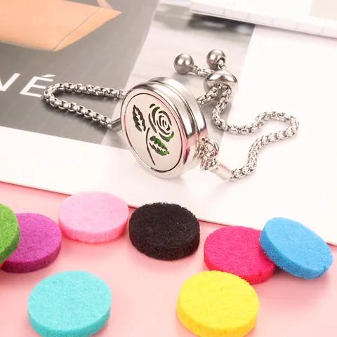 Adjustable Stainless Steel Essential Oil Diffuser Bracelet Hollow Out Round Locket Aromatherapy Jewelry Women