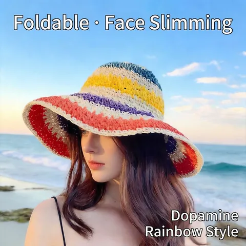 Cappello Pescatore Uncinetto Arcobaleno E Mascherina Paglia Fatto Mano Tesa Larga Protezione Solare Vacanze Estate