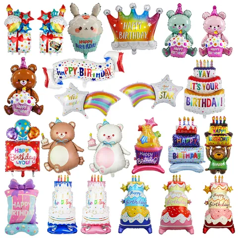 Birthday Cake Bear Foil Balloons Aluminum Film Mylar Standing Cartoon Decoration For Party Anniversary Celebration