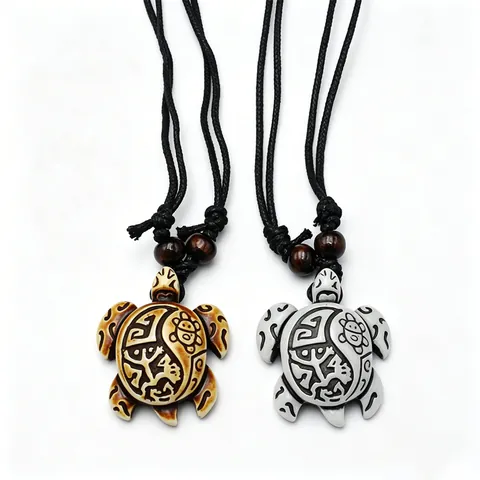 Sea Turtle Pendant Necklace Carved Tribal Faux Bone Resin Black Cord Wood Beads Ethnic Beach Jewelry Unisex