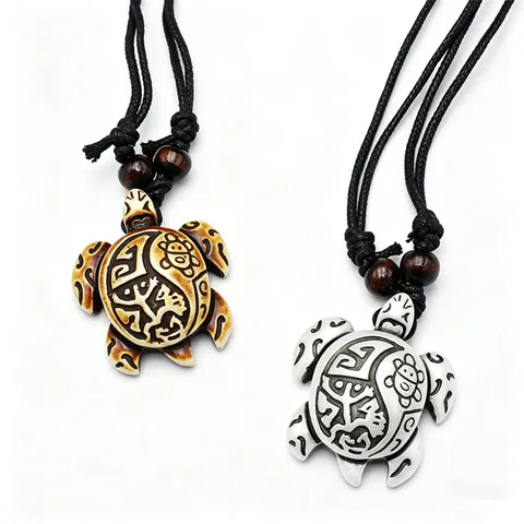 Sea Turtle Pendant Necklace Carved Tribal Faux Bone Resin Black Cord Wood Beads Ethnic Beach Jewelry Unisex