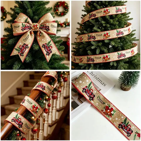 Christmas Burlap Ribbon Red Truck Xmas Tree Bells Patterns Linen Style Decorative Wired Edge Holiday DIY Crafts