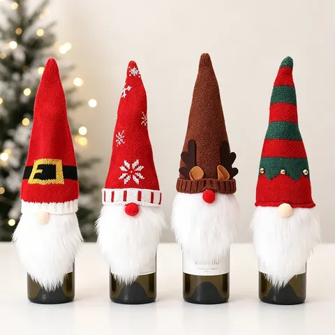 Housse De Bouteille De Vin De Noël Tricotée Fausse Fourrure Gnome Renne Flocon De Neige Décoration De Table Fête Cadeau