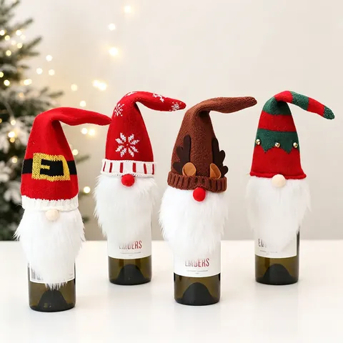 Housse De Bouteille De Vin De Noël Tricotée Fausse Fourrure Gnome Renne Flocon De Neige Décoration De Table Fête Cadeau