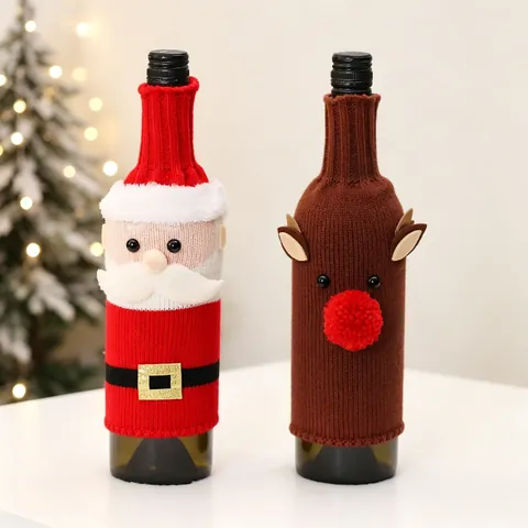 Christmas Wine Bottle Cover Knitted Cloth Santa Claus Reindeer Elk Table Decoration Festive Holiday Party Supplies