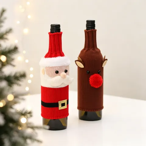 Christmas Wine Bottle Cover Knitted Cloth Santa Claus Reindeer Elk Table Decoration Festive Holiday Party Supplies