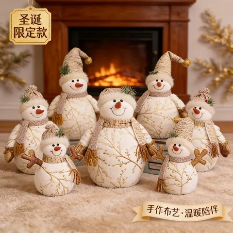 Christmas Snowman Doll Ornament Plush Fabric Golden Pattern Festive Desktop Decoration Holiday Home Gift Nordic Style