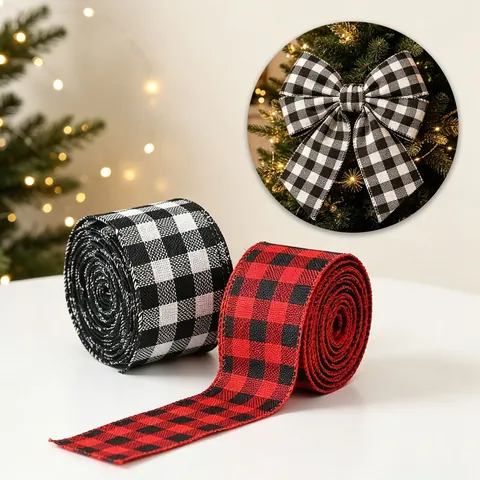 Buffalo Plaid Ribbon Burlap Fabric Wired Edge For Christmas Decoration Gift Wrapping DIY Crafts Gingham Pattern