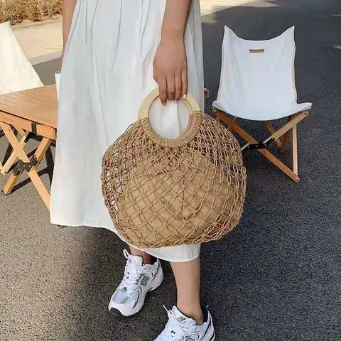 Stroh Gewebte Handtasche Mit Rundem Holzgriff Hohlnetz Sommer Strandtasche Boho Stil Für Damen