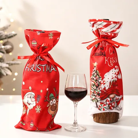 Housse De Bouteille De Vin De Noël Tissu En Lin Sac Cadeau À Cordon Imprimé Père Noël Renne Gnome Décoration De Table
