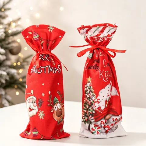 Housse De Bouteille De Vin De Noël Tissu En Lin Sac Cadeau À Cordon Imprimé Père Noël Renne Gnome Décoration De Table