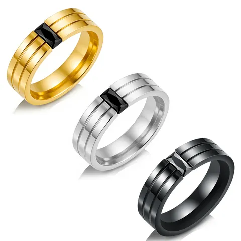 Herren Ring Schwarz Edelstahl Matt Gebürstet Parallele Rillen Rechteck Inlay Industrie Punk Mode Schmuck