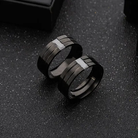 Herren Ring Schwarz Edelstahl Matt Gebürstet Parallele Rillen Rechteck Inlay Industrie Punk Mode Schmuck