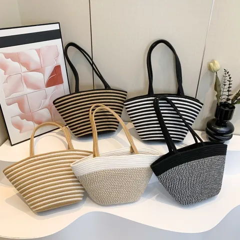 Women Striped Woven Tote Bag Vintage Contrast Color Straw Shoulder Bag Large Capacity Summer Beach Casual Handbag Travel