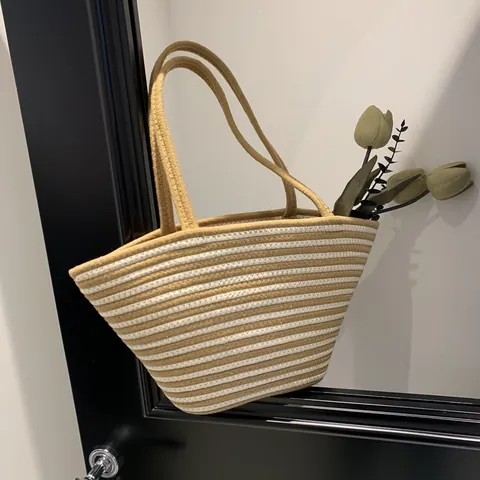 Women Striped Woven Tote Bag Vintage Contrast Color Straw Shoulder Bag Large Capacity Summer Beach Casual Handbag Travel