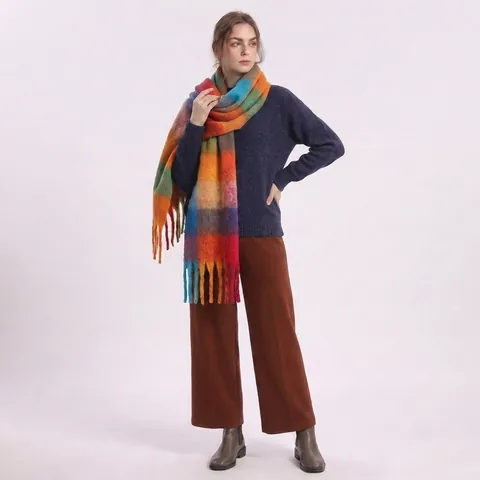 Women Plaid Scarf Imitation Mohair Thick Warm Shawl With Tassels Soft Winter Neck Warmer Fashionable Elegant Wrap
