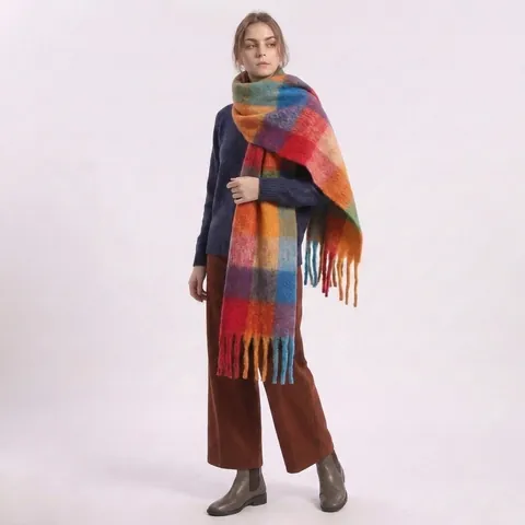 Women Plaid Scarf Imitation Mohair Thick Warm Shawl With Tassels Soft Winter Neck Warmer Fashionable Elegant Wrap