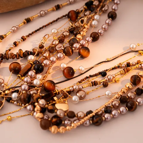 Tiger Eye Faux Artificial Pearl Double Layer Necklace 18K Gold Plated Copper Retro Beaded Clavicle Chain Elegant Women Jewelry