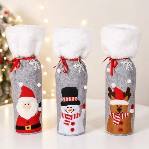 Housse Bouteille Vin Noël Col Fausse Fourrure Feutre Décor Table Fête Père Noël Bonhomme Neige Renne Style Dessin Animé