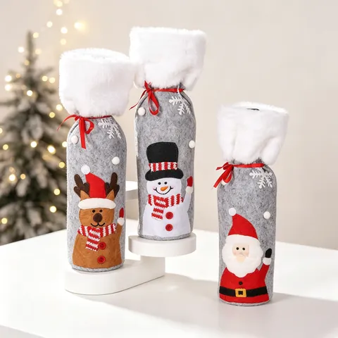 Housse Bouteille Vin Noël Col Fausse Fourrure Feutre Décor Table Fête Père Noël Bonhomme Neige Renne Style Dessin Animé