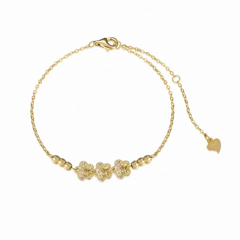 Bracciale a Fiori in Argento Sterling S925 per Donna Placcato in Oro 14K Triplo Fiore di Pesco a Cinque Petali Catena Regolabile