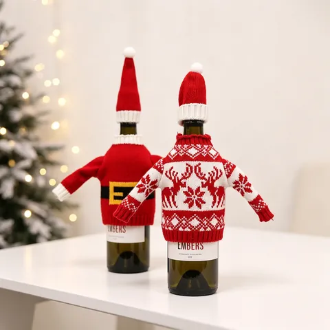 Housses De Bouteille De Vin De Noël Mini Pulls Tricotés Et Chapeaux Assortis Père Noël Renne Décoration De Table Festive