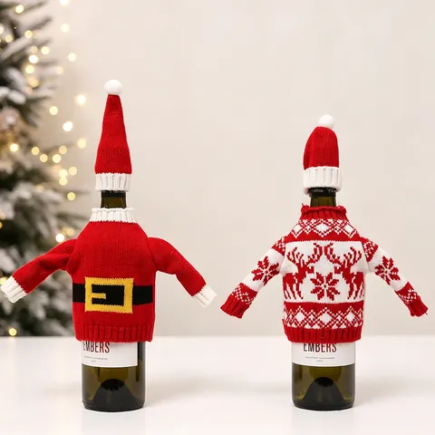 Housses De Bouteille De Vin De Noël Mini Pulls Tricotés Et Chapeaux Assortis Père Noël Renne Décoration De Table Festive