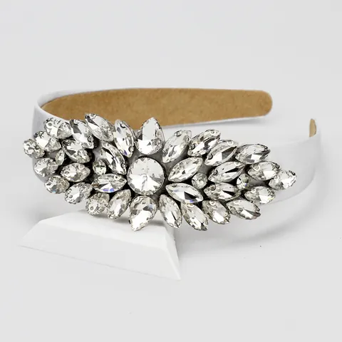 Barok Luxe Strass Brede Hoofdband Voor Vrouwen Wit Satijn Kristal Bloem Blad Haarband Bruiloft Feest Accessoires
