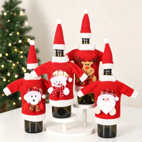 Housses De Bouteille De Vin De Noël Pull Tricoté Chapeau Décoration De Table De Fête Père Noël Bonhomme De Neige Renne Ours