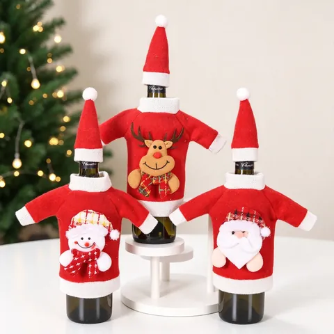 Housses De Bouteille De Vin De Noël Pull Tricoté Chapeau Décoration De Table De Fête Père Noël Bonhomme De Neige Renne Ours