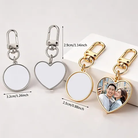 Zinc Alloy Sublimation Blank Keychain Heart Round Shape DIY Heat Transfer Metal Pendant Polish Surface Lobster Clasp