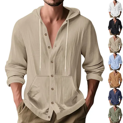 Camicia Con Cappuccio Da Uomo Misto Lino Manica Lunga Bottoni Spiaggia Casual Estate Vacanze Top Con Tasca A Marsupio Coulisse